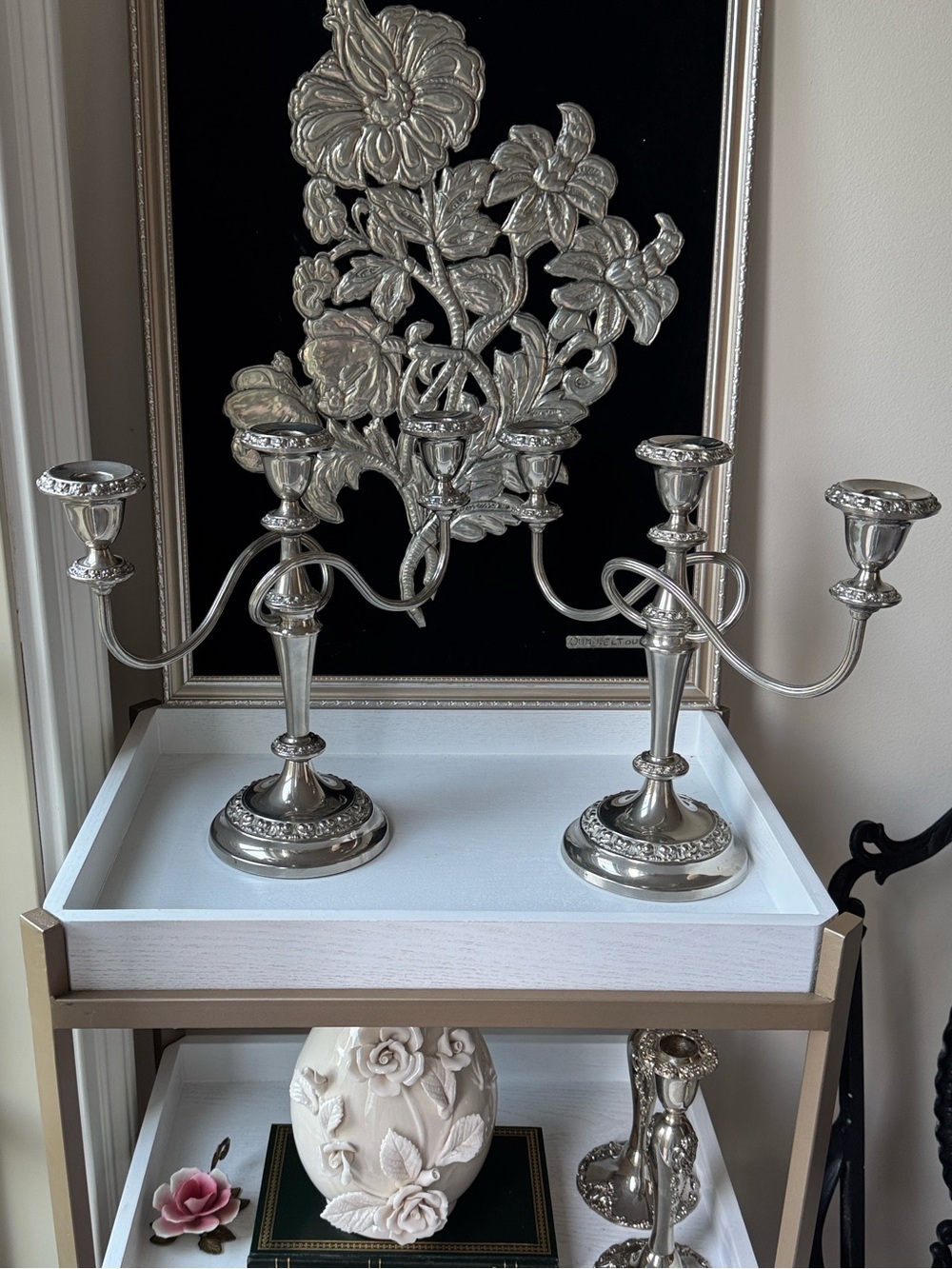 Silver Three-Arm Candelabra Pair - Elegant Silver Candle Holders - Picture 1 of 9